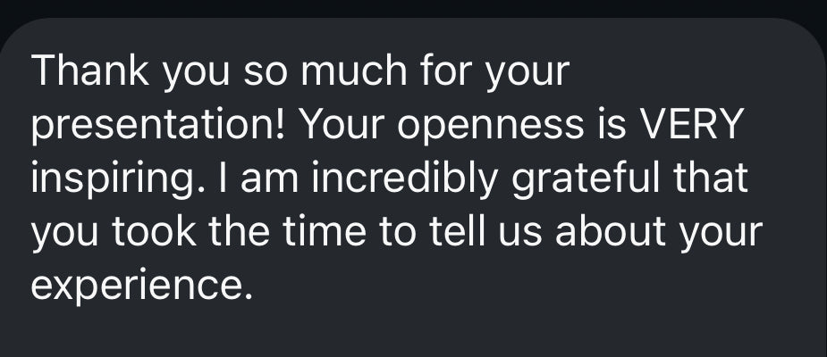 Audience member thanks Jakobi for an inspiring and open presentation.